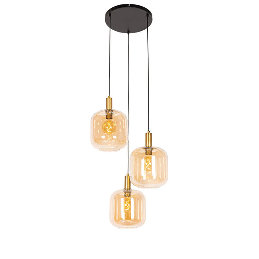 Elegant Black & Brass Pendant Light with Amber Glass, 3-Light | NICO